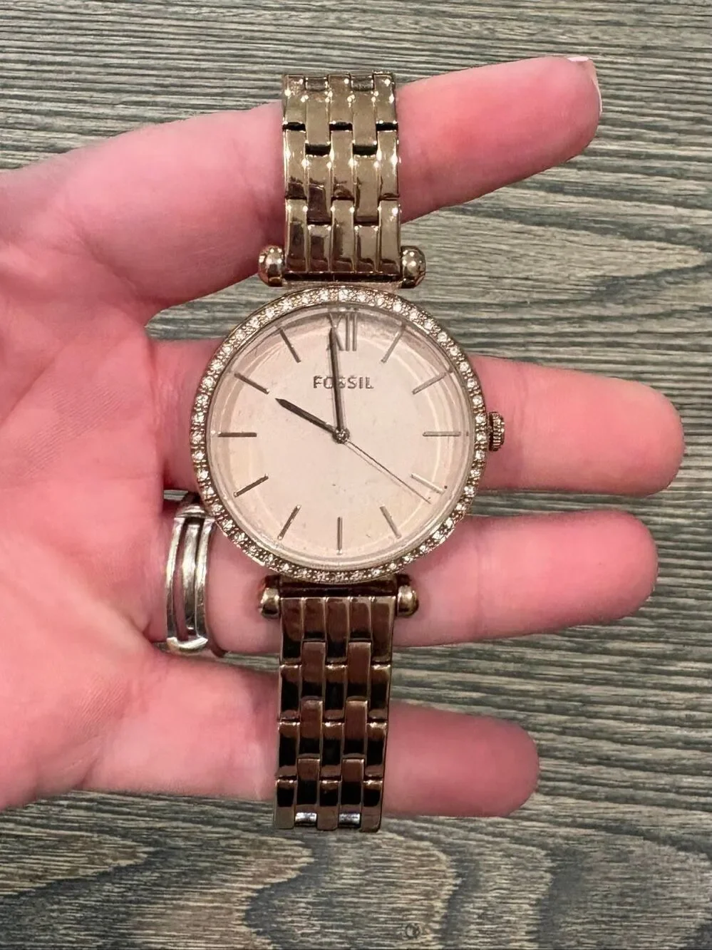 Fossil Womens Watch Crystal Bezel Rose Gold Dial Stainless Steel Bracelet 36mm